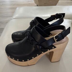 Black Leather Clogs with Wooden Heel